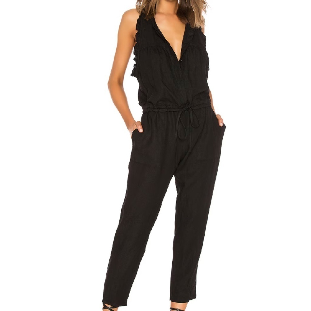 Enza Costa French Linen Sleeveless Button Down Ruffle Black Jumpsuit Size 0